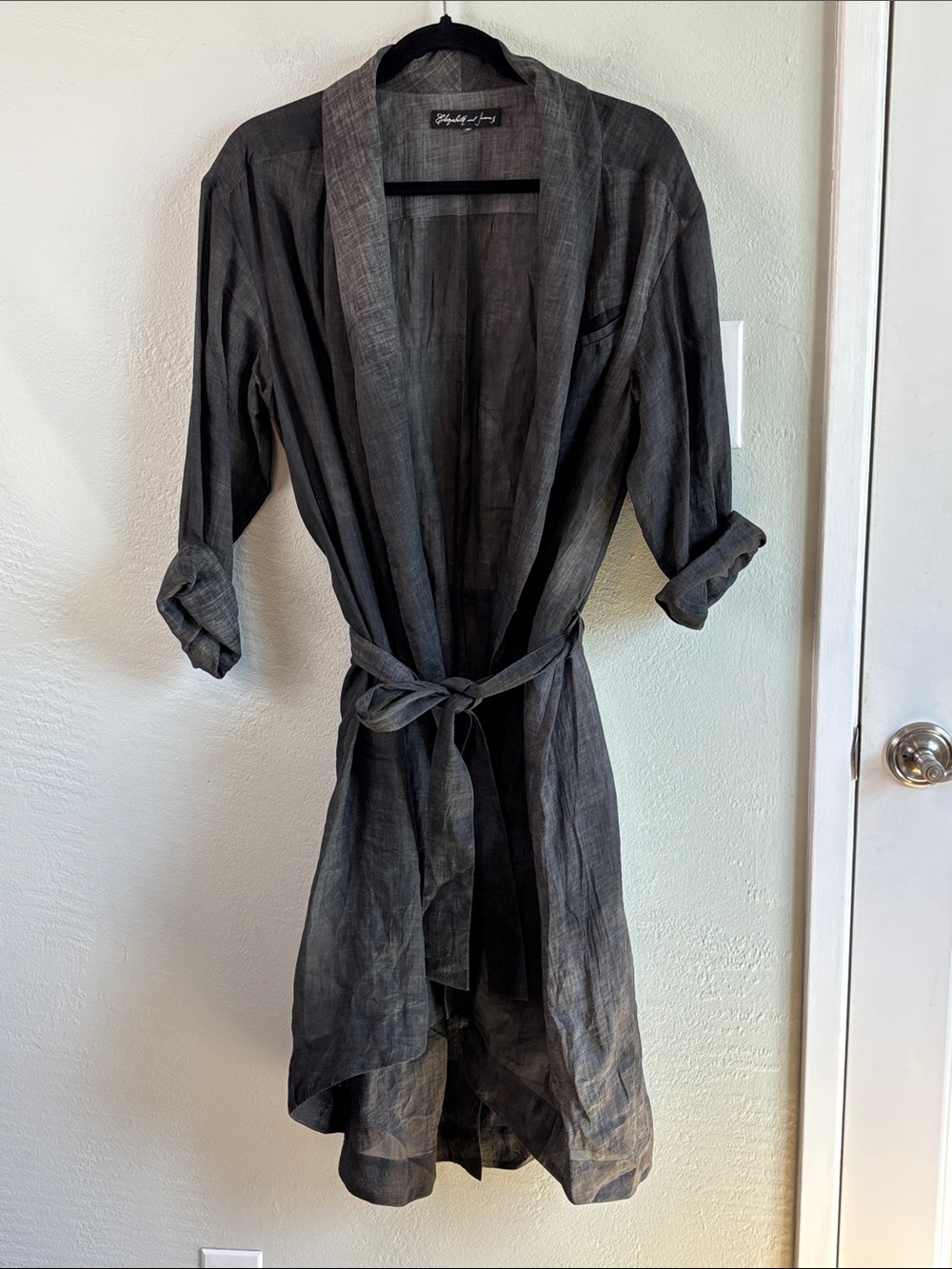 Elizabeth and James Charcoal Gray Crinkle Semisheer Cardigan with Self Tie Belt